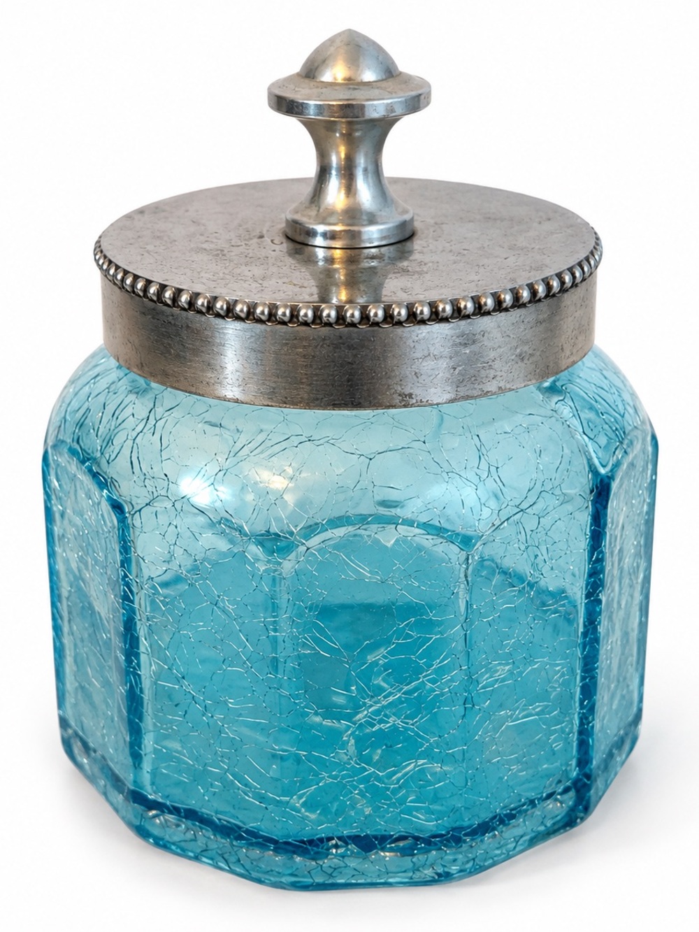 Aqua Blue Crackle Glass Small Canister with Silver Lid